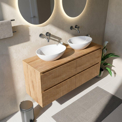 Saniclass Holz Atelier Ensemble de meubles de salle de bains - 140x45x62cm - plateau en bois - sans trou de robinet - 4 tiroirs - chêne naturel mat (bois)