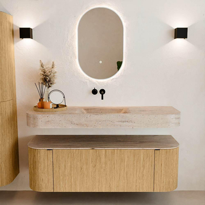 MONDIAZ THOR-DLUX 140cm badmeubel ronding links + rechts kleur Oak met 1 lade en 2 deuren. Vrijhangende wastafel CLOUD Midden zonder kraangat kleur Saba.