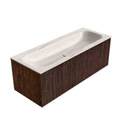 MONDIAZ KURVE-DLUX 120cm badmeubel kleur Walnut met 1 lade en 0 deuren. Wastafel BIG LARGE Midden 2 kraangaten Meli.