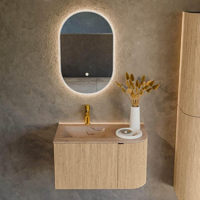 MONDIAZ KURVE-DLUX Meuble de salle de bains 75cm arrondi Droite couleur Chêne avec 1 tiroir et 1 porte. Lavabo GRUNNE Gauche 1 trou de robinet Arena.
