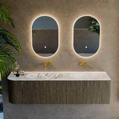 Ensemble de meuble de salle de bain Mondiaz KURVE-DLUX - 165x46x40cm - 2 tiroirs - 1 porte - lavabo en solid surface - double / droite - sans trou de robinet - Shadow