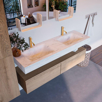 Mondiaz ALAN-DLUX Ensemble de meuble - 150cm - meuble Washed Oak mat - 2 tiroirs - Lavabo Cloud Opalo suspendu - vasque Gauche et droite - 2 trous de robinet