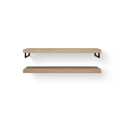 Looox Wood collection Duo étagères murales 140x46cm - 2 pièces - Avec porte-serviettes noir mat - chêne massif gris ancien