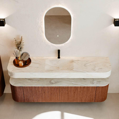 MONDIAZ THOR-DLUX 180cm meuble de salle de bains arrondi gauche + droite couleur Ruby avec 2 tiroirs et 2 portes. Vasque suspendue CLOUD Milieu 1 trou de robinet couleur Ostra.