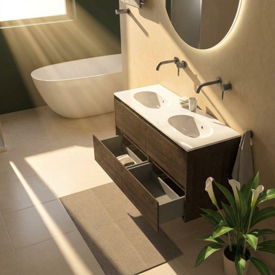 Saniclass Holz Pure Ensemble de meubles de salle de bains - 120x45x74cm - lavabo Chaci en céramique blanc - 2 vasques - sans trous de robinetterie - 4 tiroirs - chêne charcoal mat (bois)