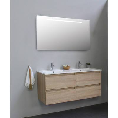 Basic Bella Badkamermeubelset - 120x55x46cm - 2 wasbakken - Keramiek - Wit - 2 kraangaten - Wandspiegel met verlichting - MDF Eiken