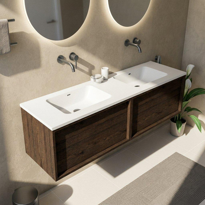 Saniclass Holz Frame Ensemble meuble de salle de bains - 160x45x57.5cm - vasque Torino en solid surface blanc - sans trou de robinet - 2 tiroirs - chêne charcoal mat (bois)