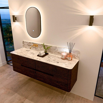 Mondiaz CIRO-DLUX Badkamermeubelset - 160x45x50cm - Solid surface wastafel Glace - 1 wasbak Links - zonder kraangaten - 4 lades - Walnut