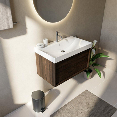 Saniclass Holz Frame Ensemble meuble de salle de bains - 80x45x47.5cm - lavabo Wave en céramique - 1 vasque - 1 trou de robinetterie - 1 tiroir - chêne charcoal mat (bois)
