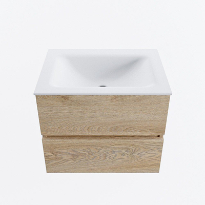 MONDIAZ VICA 60cm meuble sous lavabo Chêne blanchi 2 tiroirs. Lavabo CLOUD centre 1 trou de robinet, couleur Talc.