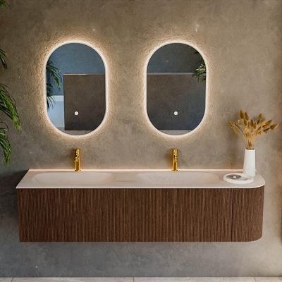 MONDIAZ KURVE-DLUX 175cm badmeubel ronding Rechts kleur Walnut met 2 lades en 1 deur. Wastafel STOR SMALL Dubbel / Links 2 kraangaten Meli.