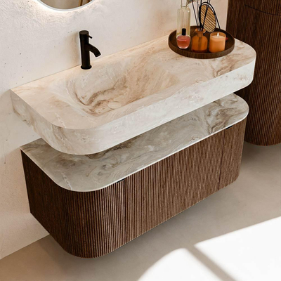 MONDIAZ THOR-DLUX 110cm badmeubel ronding links + rechts kleur Walnut met 1 lade en 2 deuren. Vrijhangende wastafel CLOUD Links 1 kraangat kleur Frappe.