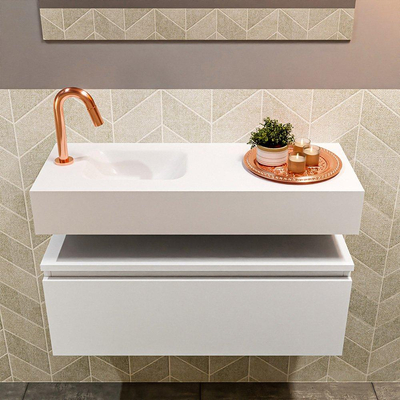 MONDIAZ ANDOR Meuble WC - 80x30x30cm - 1 trou de robinet - 1 tiroir - talc mat - lavabo à gauche - Solid surface - Blanc