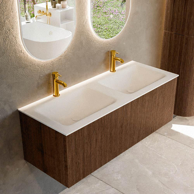 MONDIAZ KURVE Meuble de salle de bains 120 cm couleur Walnut avec 1 tiroir. Lavabo CLOUD double 2 trous de robinet Talc.