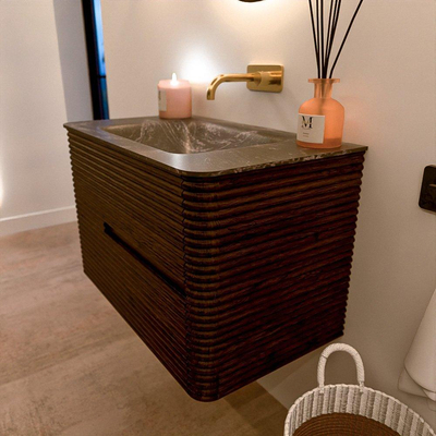 Mondiaz CIRO-DLUX Badkamermeubelset - 80x45x50cm - Solid surface wastafel Lava - 1 wasbak Midden - zonder kraangaten - 2 lades - Walnut