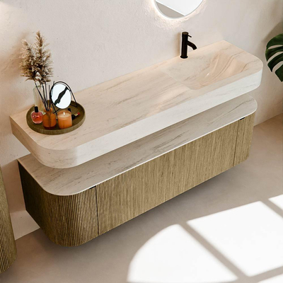 MONDIAZ THOR-DLUX 160cm meuble de salle de bains arrondi gauche + droite couleur Dusk avec 1 tiroir et 2 portes. Vasque suspendue CLOUD droite 1 trou de robinet couleur Meli.