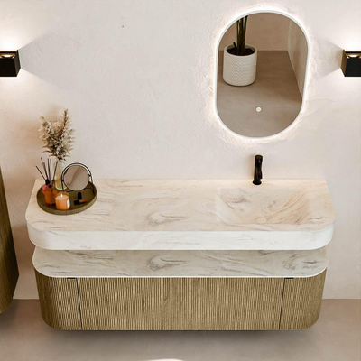 MONDIAZ THOR-DLUX 160cm meuble de salle de bains arrondi gauche + droite couleur Dusk avec 1 tiroir et 2 portes. Vasque suspendue CLOUD Droite 1 trou de robinet couleur Ostra.