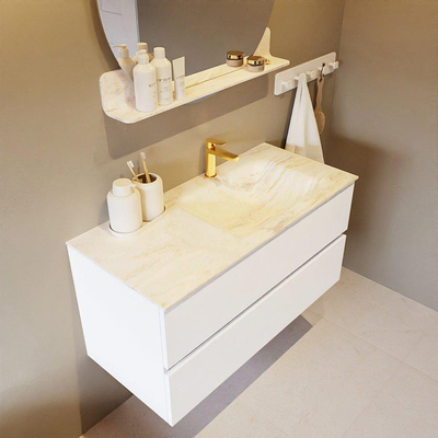 Mondiaz VICA-DLUX ensemble de meuble de salle de bain - 100cm - meuble sous lavabo talc - 2 tiroirs - lavabo encastré cloud droite - 1 trou de robinet - miroir modèle spot - version XL 60cm haut - ostra