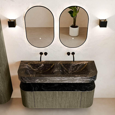 MONDIAZ THOR-DLUX 130cm meuble de salle de bains arrondi gauche + droite couleur Shadow avec 1 tiroir et 2 portes. Vasque suspendue CLOUD Double sans trou de robinet couleur Lava.