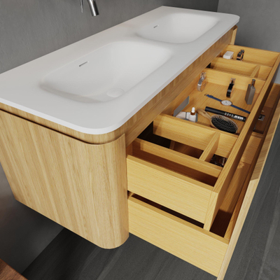 Saniclass Terra Ensemble meuble de salle de bain - 120x42x45,5 cm - lavabo en surface solide blanc mat - 2 vasques - 2 tiroirs - Sandwood (chêne clair)