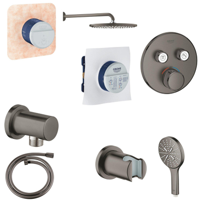 GROHE Grohtherm SmartControl Ensemble de douche pluie - robinet encastrable thermostatique - partie encastrable - pomme de douche - douchette - coude mural - support mural - flexible - hard graphite brossé