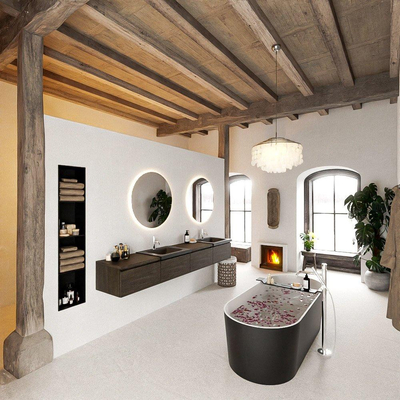 MONDIAZ BUKLA 240cm ensemble de meuble avec module 60 gauche couleur Marron Foncé avec 4 tiroirs. Lavabo CLOUD double 2 trous de robinet couleur Urban.