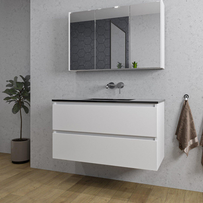 Saniclass Chaci Meuble de salle de bain - 100x46x55cm - lavabo en céramique noir - 1 vasque - sans trous de robinet - 2 tiroirs - armoire miroir - blanc mat