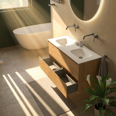 Saniclass Holz Pure Ensemble de meuble de salle de bains - 120x45x61.5cm - lavabo Flow en Solid Surface blanc - 2 vasques - sans trous de robinetterie - 4 tiroirs - chêne natural mat (bois)