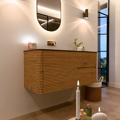 Mondiaz CIRO-DLUX Ensemble de meubles de salle de bains - 110x45x50cm - Plan vasque solid surface Lava - 1 vasque à gauche - sans trous de robinetterie - 2 tiroirs - Chêne