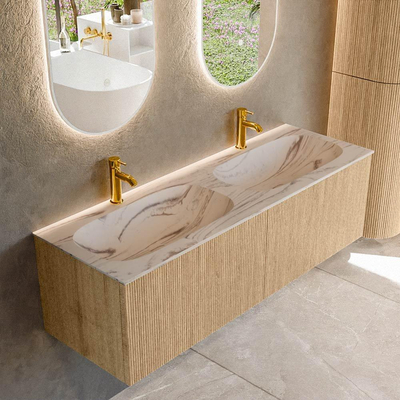 MONDIAZ KURVE-DLUX 140cm badmeubel kleur Oak met 2 lades en 0 deuren. Wastafel STOR SMALL Dubbel 2 kraangaten Nata.