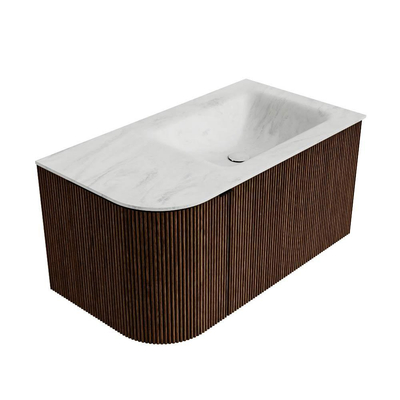 MONDIAZ KURVE-DLUX Meuble de salle de bains 85cm avec module 25 L couleur Walnut avec 1 tiroir et 1 porte. Lavabo CLOUD à droite 1 trou de robinet couleur Opalo.