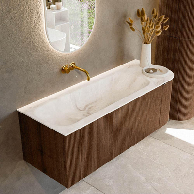 MONDIAZ KURVE-DLUX 125cm badmeubel met module 25 R kleur Walnut met 1 lade en 1 deur. Wastafel BIG MEDIUM links zonder kraangat kleur Frappe.