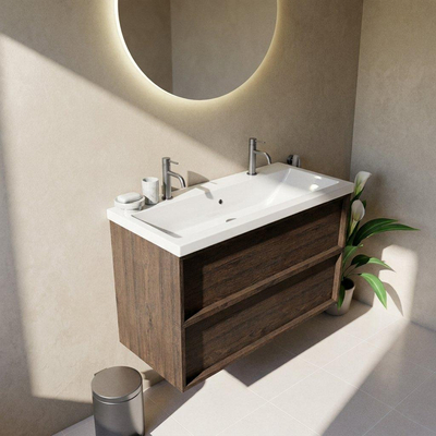 Saniclass Holz Frame Ensemble meuble de salle de bains - 100x45x63.5cm - Bari lavabo en céramique blanc - 1 vasque - 2 trous de robinet - 2 tiroirs - chêne charcoal mat (bois)