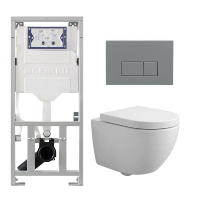 Pack WC QeramiQ Dely Swirl Compact - réservoir encastrable Geberit UP320 - avec bâti-support Burda - abattant 25 mm - plaque de commande en plastique gris clair - boutons rectangulaires - blanc brillant