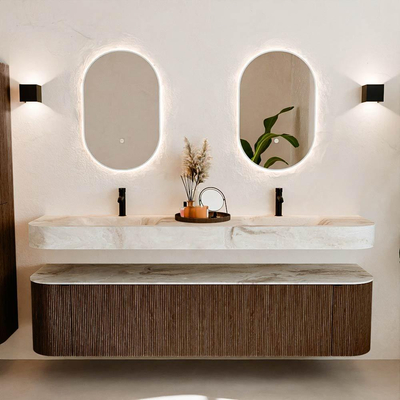 MONDIAZ THOR-DLUX Meuble de salle de bains - 190cm - arrondi gauche + droite - couleur Walnut - 2 tiroirs et 2 portes - Vasque suspendue CLOUD Double 2 trous de robinet - couleur Frappe