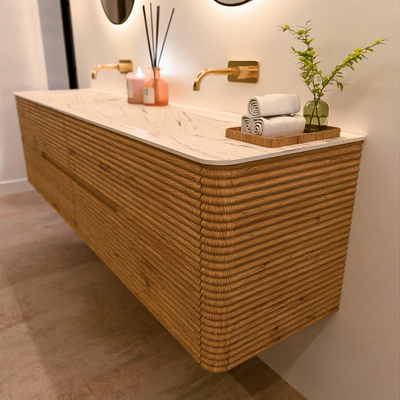 Mondiaz CIRO-DLUX Ensemble de meubles de salle de bains - 190x45x50cm - lavabo solid surface Nata - 2 vasques double - sans trous de robinetterie - 4 tiroirs - Chêne