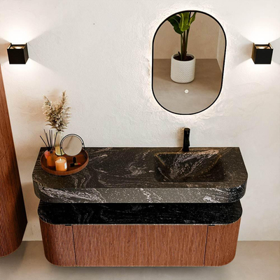 MONDIAZ THOR-DLUX 140cm meuble de salle de bains arrondi gauche + droite couleur Ruby avec 1 tiroir et 2 portes. Vasque suspendue CLOUD Droite 1 trou de robinet couleur Lava.