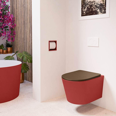 Mondiaz LAVIE hangtoilet – spoelrandloos – 36 x 53 cm – met softclose zitting – Fire (rood), zitting Rust (bruin)