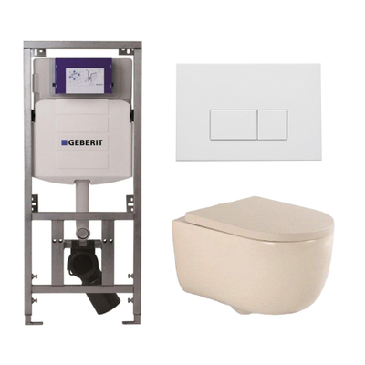 QeramiQ Dely Swirl Toiletset - 36.3x51.7cm - Geberit UP320 inbouwreservoir - slim zitting - mat witte metalen bedieningsplaat - rechthoekige knoppen - beige