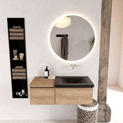 MONDIAZ BUKLA meuble de salle de bain 100cm avec module 40 couleur Chêne blanchi avec 2 tiroirs. Lavabo CLOUD à droite 0 trou de robinet couleur Urbain.