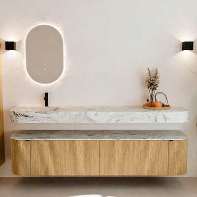 MONDIAZ THOR-DLUX 200cm meuble de salle de bains arrondi gauche + droite couleur Oak avec 2 tiroirs et 2 portes. Vasque suspendue CLOUD Gauche 1 trou de robinet couleur Glace.