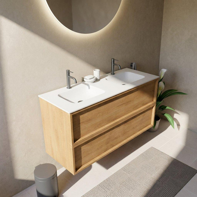 Saniclass Holz Frame Ensemble de meubles de salle de bains - 120x45x61.5cm - Flow lavabo en solid surface blanc - 2 vasques - 2 trous de robinet - 2 tiroirs - chêne natural mat (bois)