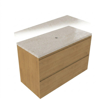 Saniclass Holz Pure Ensemble de meubles de salle de bains - 100x45x63cm - Plan de travail en pierre naturelle travertin - sans trou de robinet - 2 tiroirs - chêne natural mat (bois)
