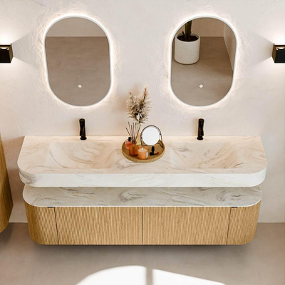 MONDIAZ THOR-DLUX 180cm badmeubel ronding links + rechts kleur Oak met 2 lades en 2 deuren. Vrijhangende wastafel CLOUD Dubbel 2 kraangaten kleur Ostra.