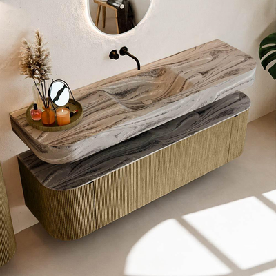 MONDIAZ THOR-DLUX 160cm meuble de salle de bains arrondi gauche + droite couleur Dusk avec 1 tiroir et 2 portes. Vasque suspendue CLOUD Milieu sans trou de robinet couleur Sombra.