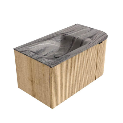 MONDIAZ KURVE-DLUX 85cm badmeubel ronding Rechts kleur Oak met 1 lade en 1 deur. Wastafel CLOUD Links zonder kraangat Sombra.