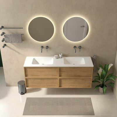 Saniclass Holz Frame Ensemble meuble de salle de bains - 160x45x77.5cm - vasque Torino en solid surface blanche - sans trou de robinetterie - 4 tiroirs - chêne natural mat (bois)