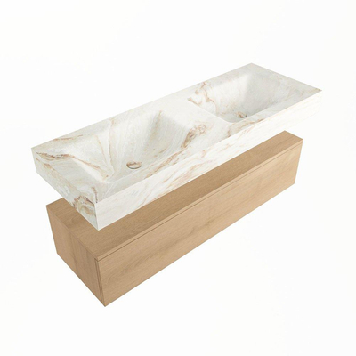 Mondiaz ALAN-DLUX Ensemble de meuble - 130cm - meuble Washed Oak mat - 1 tiroir - Lavabo Cloud Frappe suspendu - vasque Gauche et droite - 2 trous de robinet