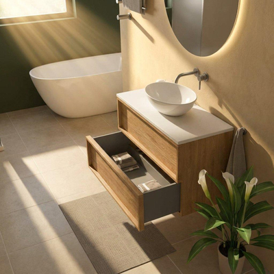 Saniclass Holz Frame Ensemble de meubles de salle de bains - 100x45x62.5cm - plan Torino en solid surface blanc - sans trou de robinetterie - 2 tiroirs - chêne naturel mat (bois)