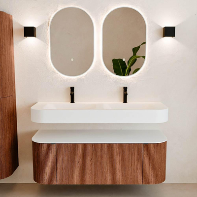 MONDIAZ THOR Meuble de salle de bains 130cm arrondi gauche + droite couleur Ruby avec 1 tiroir et 2 portes. Vasque suspendue CLOUD Double 2 trous de robinet couleur Talc.